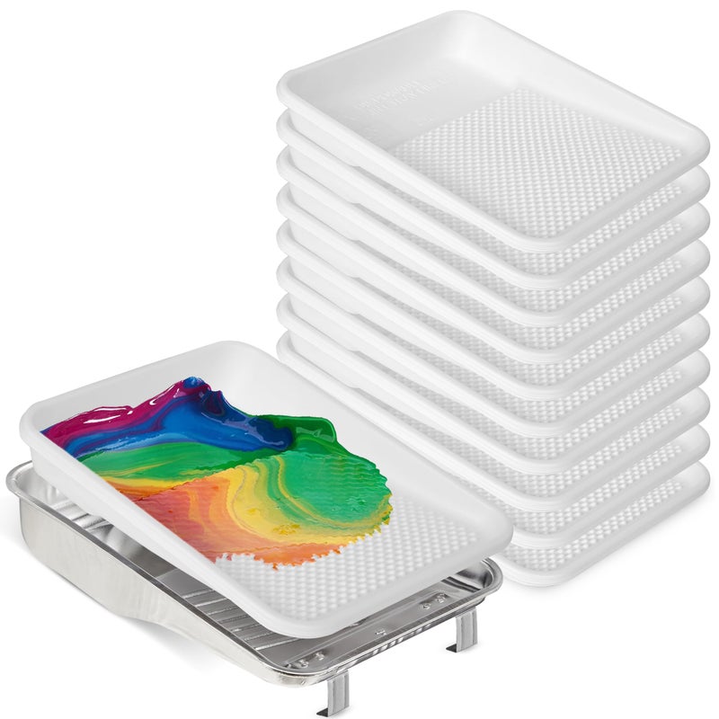 Unvert Paint Tray and Liner Set, Set Includes 9" Reusable Metal Pans Tray & 10 Pack of 9" White Plastic Paint Liners, Paint Roller Trays, Set for Household or Construction Use - Image 1
